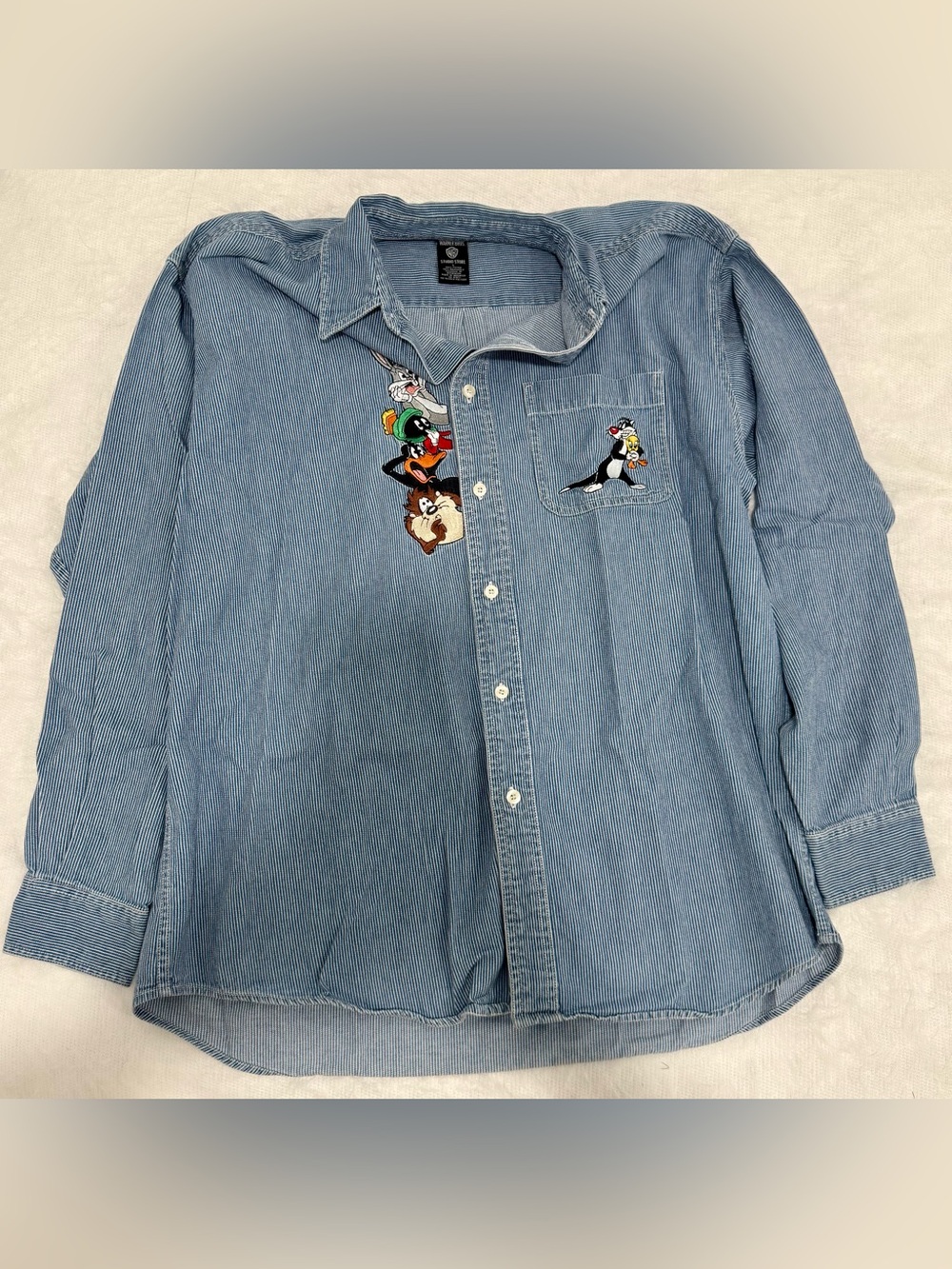 Vintage Looney Tunes Warner Bros Embroidered Shirt Mens Cartoon Graphic Button L